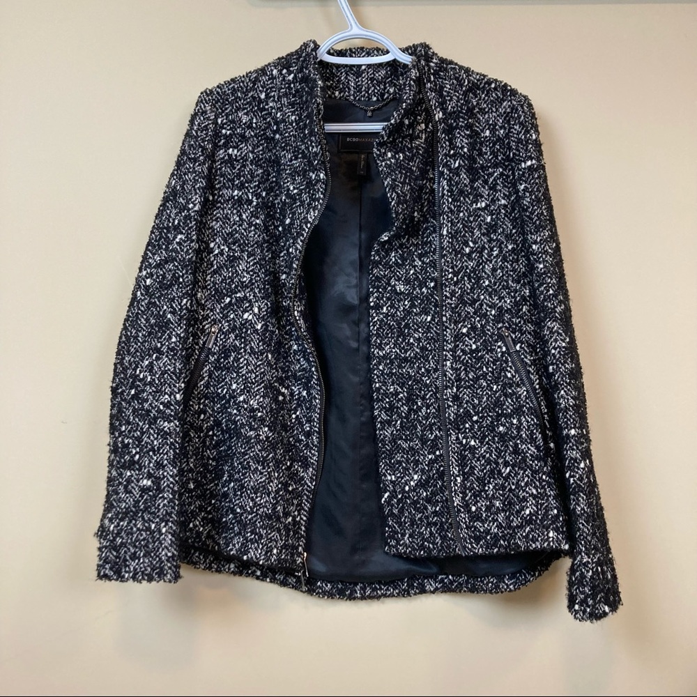 BCBGmaxazria Black Tweed Asymmetric Zip Up Jacket Women’s Size XS
